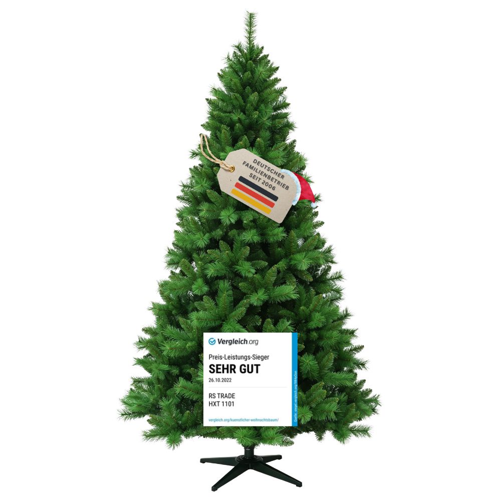 Künstlicher Weihnachtsbaum HXT 1101 Colorado-Mix, 240 cm, mit grünen PVC-Nadeln und Vergleich.org-Auszeichnung „Sehr gut“.