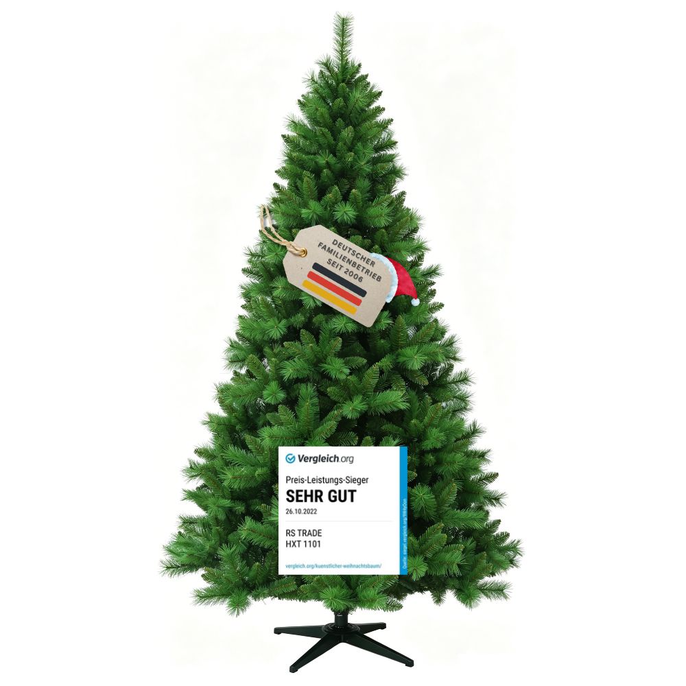 Künstlicher Weihnachtsbaum HXT 1101 Colorado-Mix mit 270 cm Höhe, dichten grünen PVC-Nadeln und Vergleich.org-Auszeichnung „Sehr gut“.