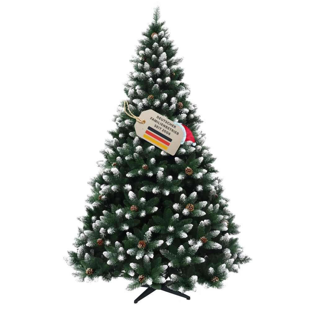 Künstlicher Weihnachtsbaum HXT 15013 mit 270 cm Höhe, beschneiten PVC-Zweigen, Tannenzapfen und schwarzem Ständer.