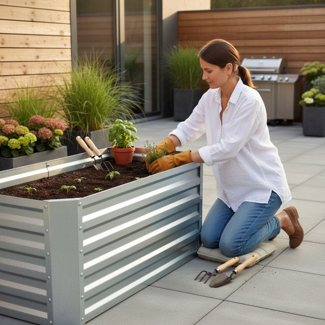 Person bepflanzt das Hochbeet Florenz L auf einer Terrasse mit Kräutern und Gemüsepflanzen für den eigenen Anbau.
