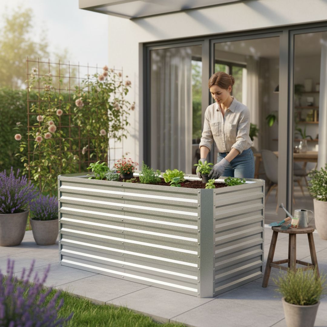 Person bepflanzt das Hochbeet Florenz XL auf einer Terrasse mit Gemüse und Kräutern vor modernem Wohnhaus.