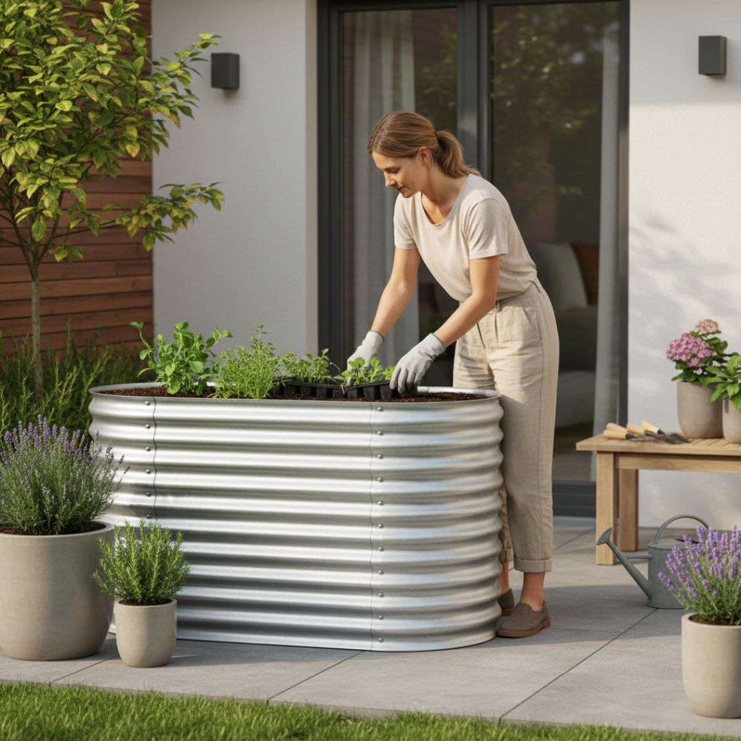 Person bepflanzt das Hochbeet Rimini L auf einer Terrasse mit Kräutern und Gemüsepflanzen für den eigenen Anbau.