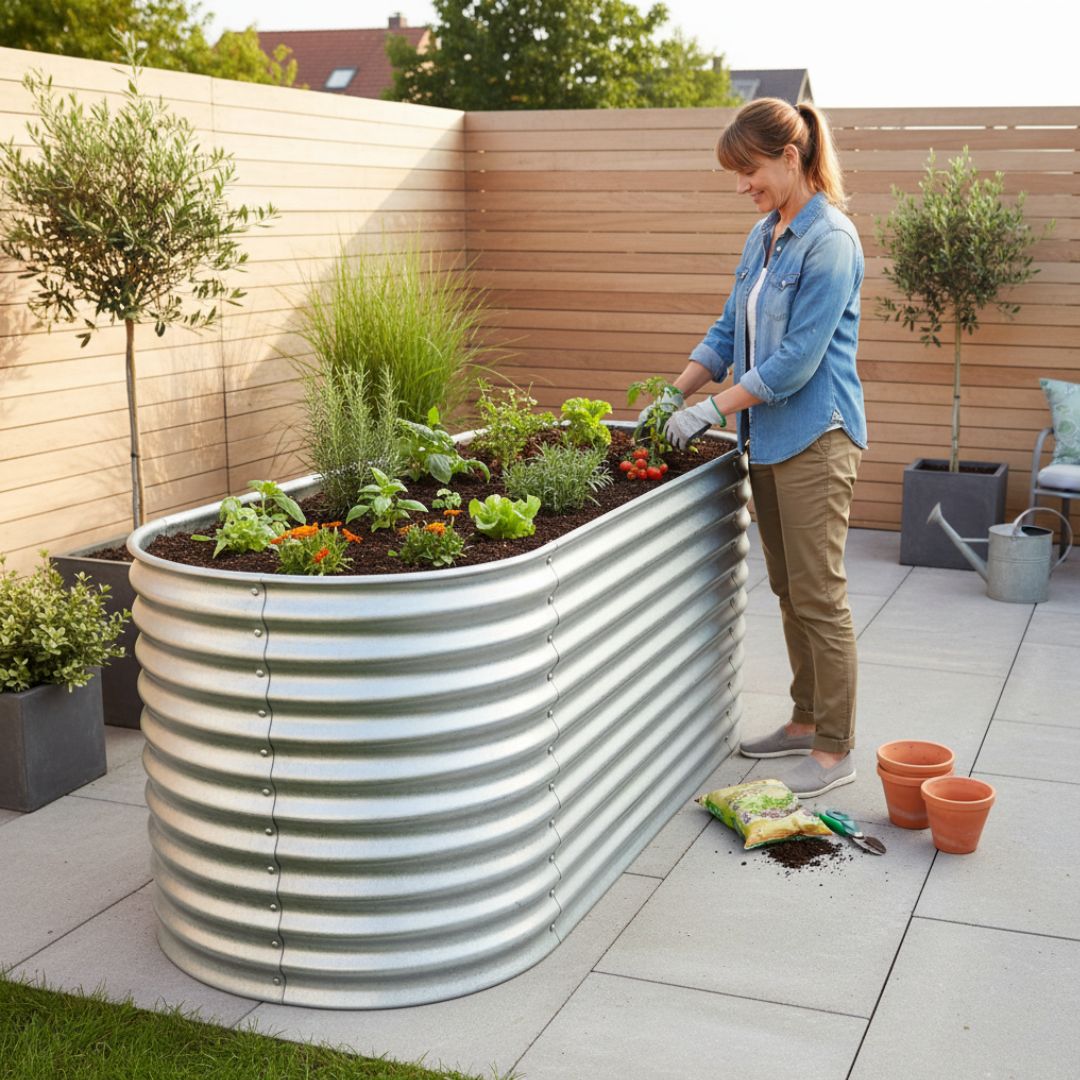 Person bepflanzt das Hochbeet Rimini XL auf einer Terrasse mit Gemüse, Kräutern und Zierpflanzen.