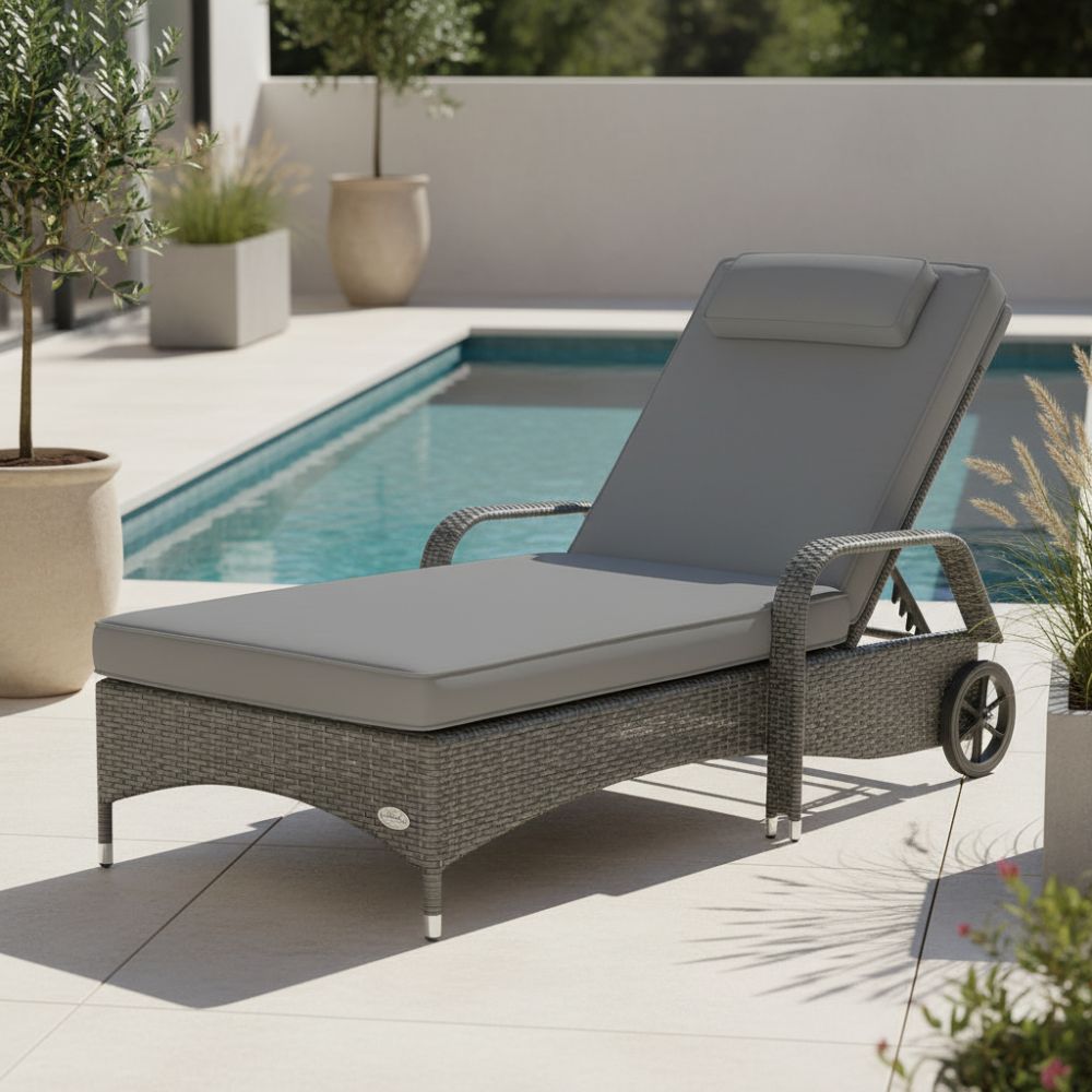 Polyrattan Sonnenliege in Grau mit Polsterauflage am Pool, wetterfeste Gartenliege für Terrasse und Garten
