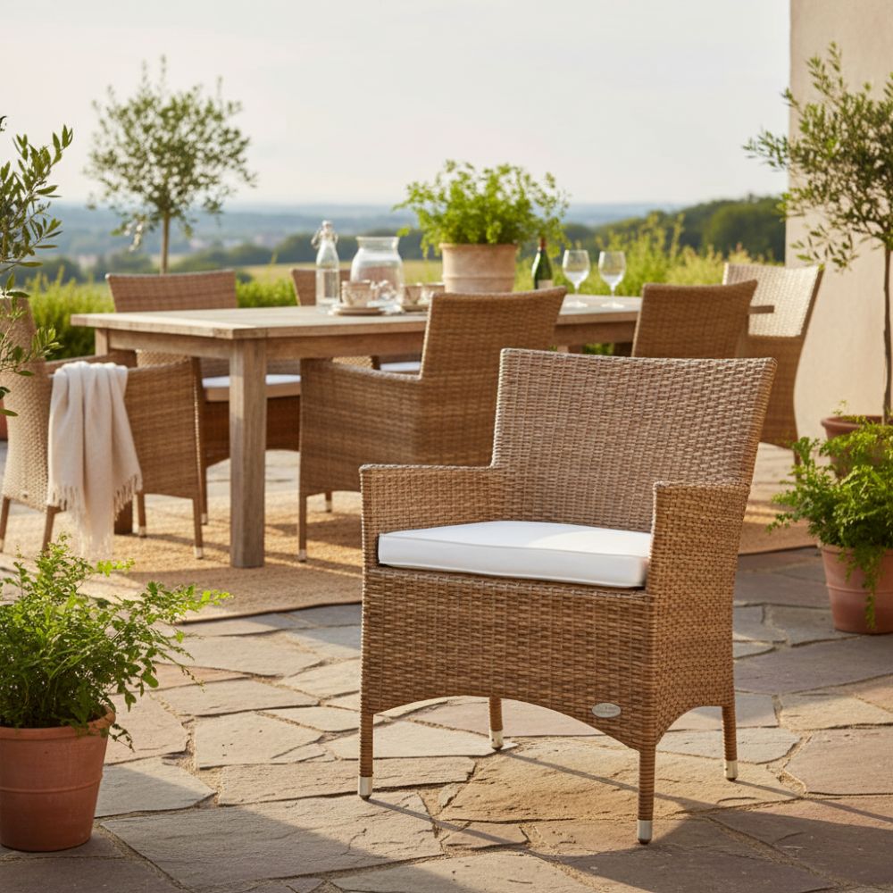 Eleganter Polyrattan-Gartenstuhl „Trento“ in Naturfarbe auf stilvoller Terrasse mit Esstisch im Hintergrund. Komfortabler Terrassenstuhl mit ergonomischer Form und wetterbeständigem Sitzkissen.