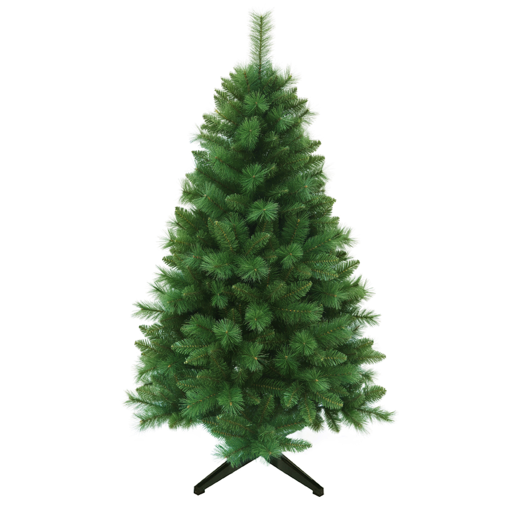 Künstlicher Weihnachtsbaum HXT 1101 Colorado-Mix, 150 cm hoch, mit dichten grünen PVC-Nadeln und schwarzem Metallständer.