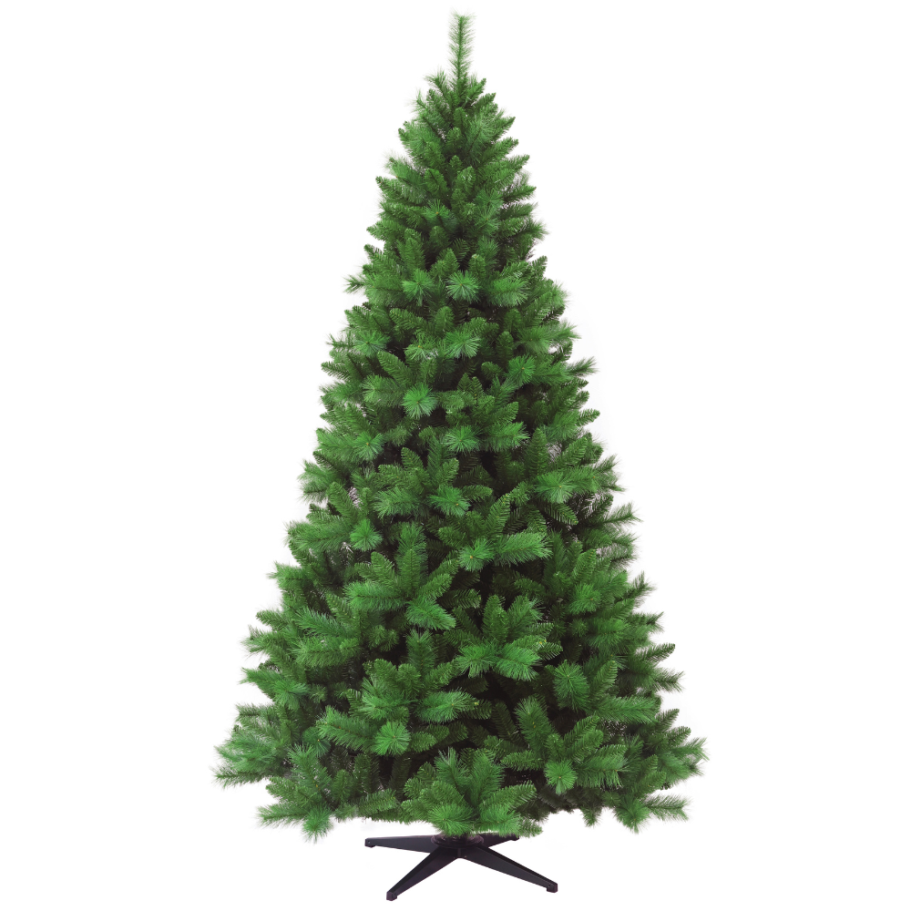 Künstlicher Weihnachtsbaum HXT 1101 Colorado-Mix, 210 cm hoch, mit dichten grünen PVC-Nadeln und schwarzem Metallständer.