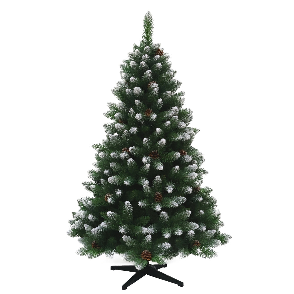 Künstlicher Weihnachtsbaum HXT 15013, 150 cm hoch, mit grünen PVC-Nadeln, weißen Schneespitzen und dekorativen Tannenzapfen.