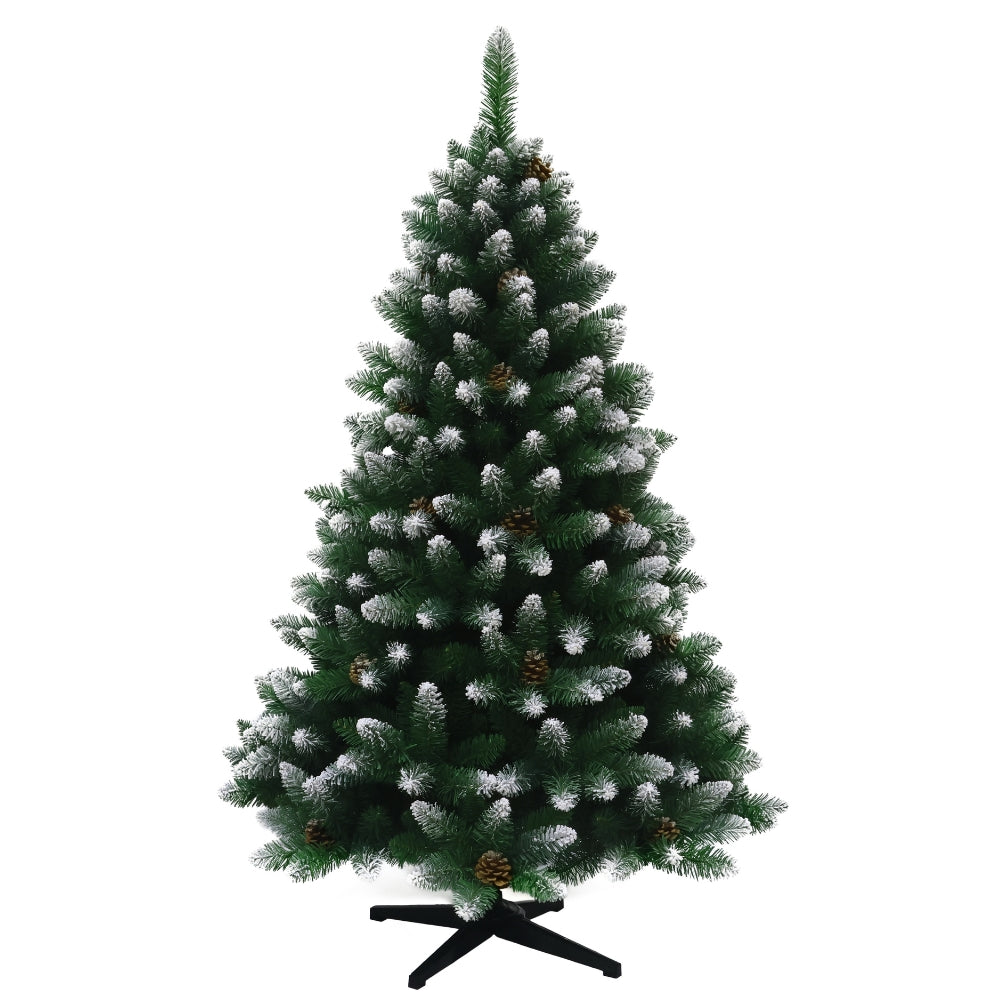 Künstlicher Weihnachtsbaum HXT 15013, 180 cm hoch, mit grünen PVC-Nadeln, weißen Schneespitzen und dekorativen Tannenzapfen.