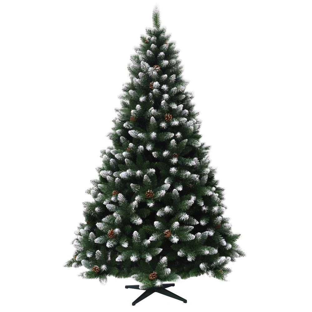 Künstlicher Weihnachtsbaum HXT 15013, 210 cm hoch, mit grünen PVC-Nadeln, weißen Schneespitzen und dekorativen Tannenzapfen.