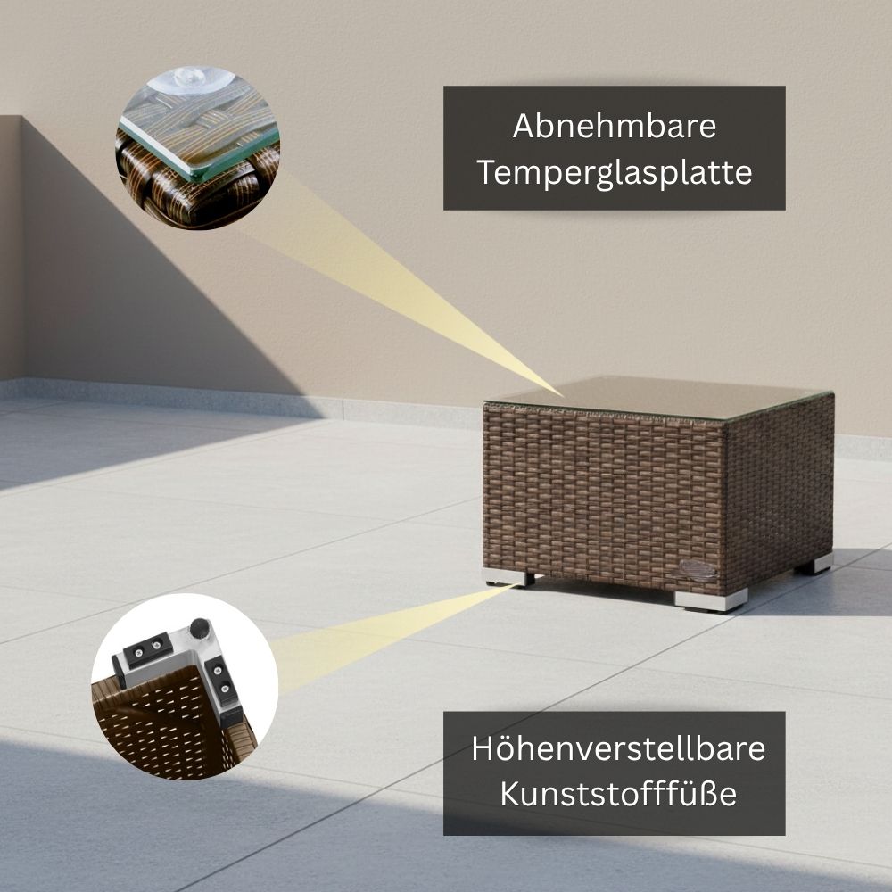 Quadratischer Beistelltisch aus braunem Polyrattan mit abnehmbarer Glasplatte. Detailansichten zeigen die Glasplatte und höhenverstellbare Kunststofffüße.
