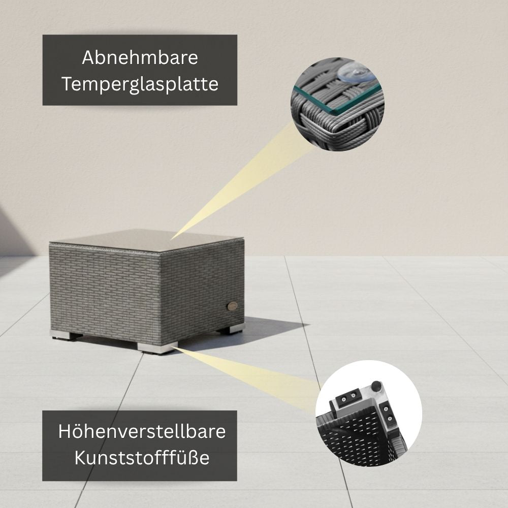 Grauer Polyrattan Beistelltisch mit abnehmbarer Temperglasplatte und höhenverstellbaren Kunststofffüßen