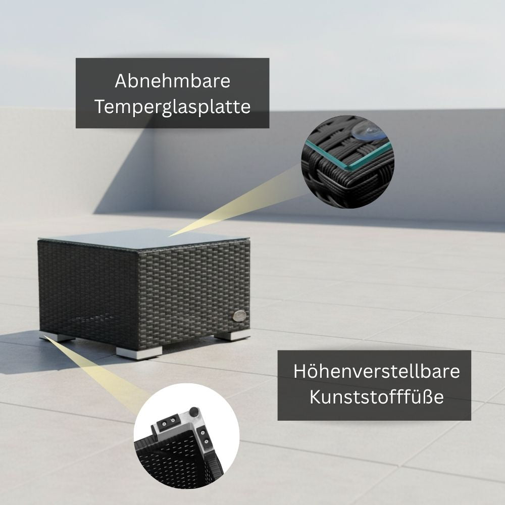 Quadratischer Beistelltisch aus schwarzem Polyrattan mit abnehmbarer Glasplatte. Detailansichten zeigen die Glasplatte und höhenverstellbare Kunststofffüße.