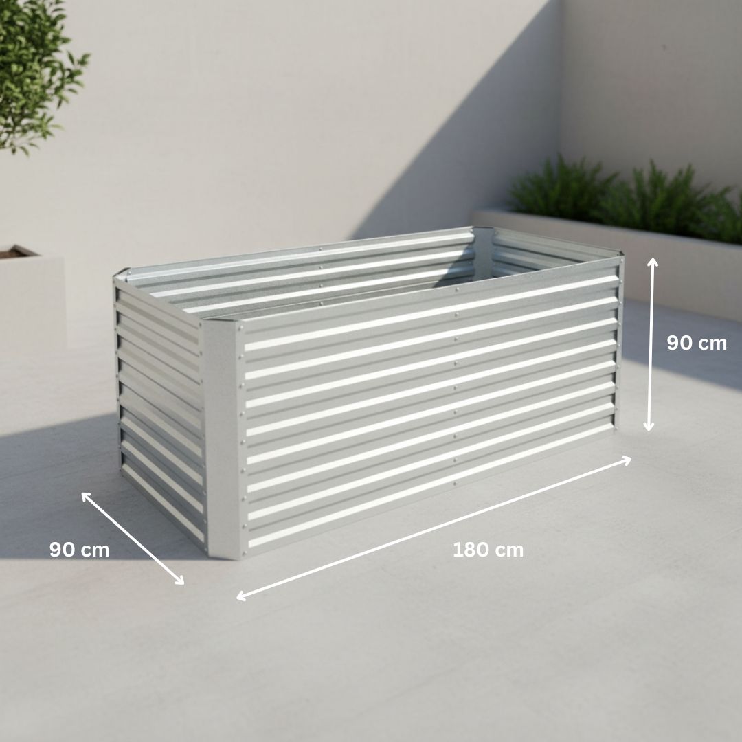 Hochbeet Florenz XL aus Metall mit den Abmessungen 180 × 90 × 90 Zentimeter in silberner Ausführung.