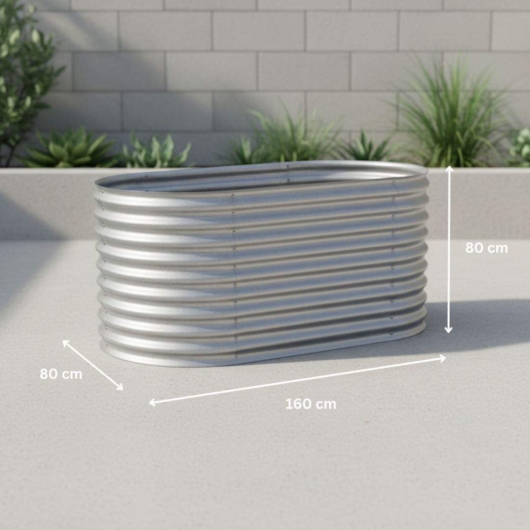 Hochbeet Rimini L aus verzinktem Stahl mit den Abmessungen 160 × 80 × 80 Zentimeter.