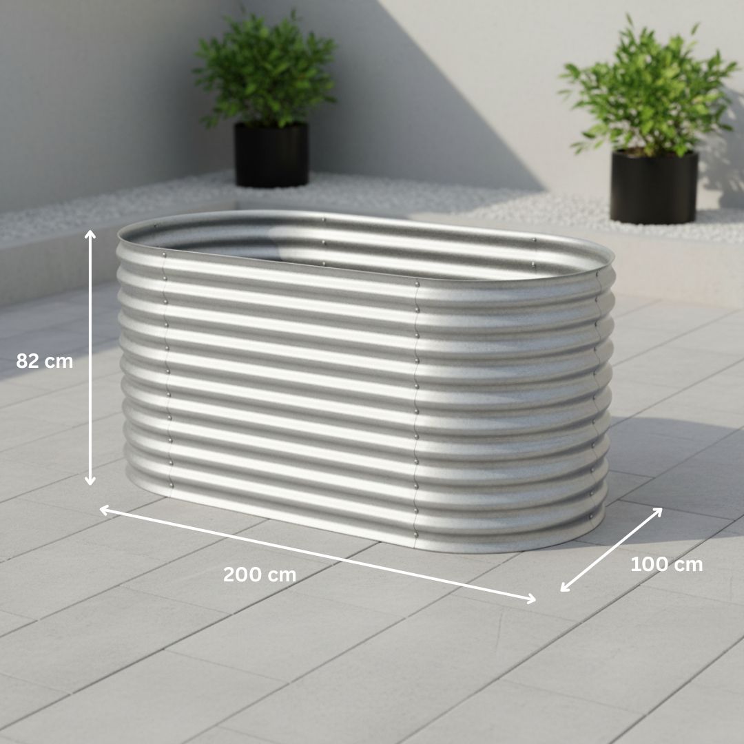 Hochbeet Rimini XL aus verzinktem Metall mit den Abmessungen 200 × 100 × 82 Zentimeter.