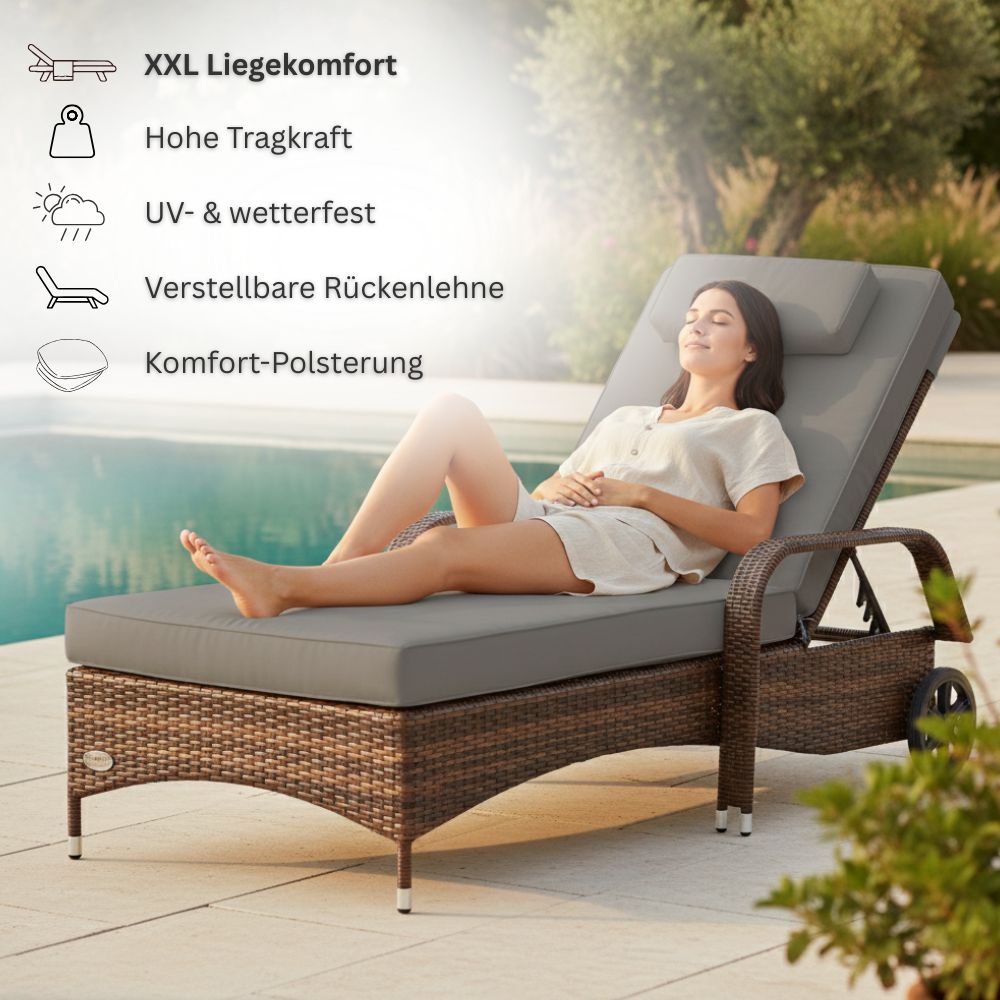 Frau entspannt auf brauner Polyrattan Sonnenliege mit Komfortauflage im Garten, verstellbare Rückenlehne und hoher Liegekomfort