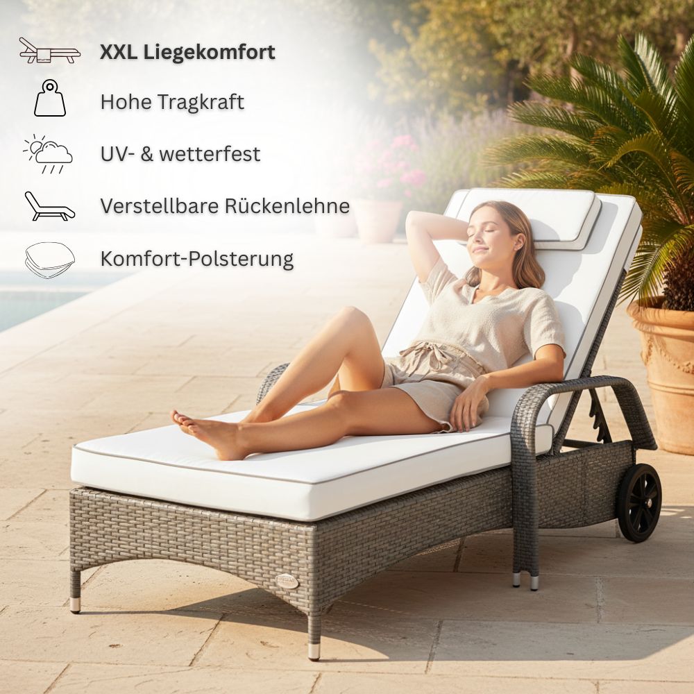 Frau entspannt auf grauer Polyrattan Sonnenliege mit heller Auflage im Garten, komfortable Liege mit verstellbarer Rückenlehne