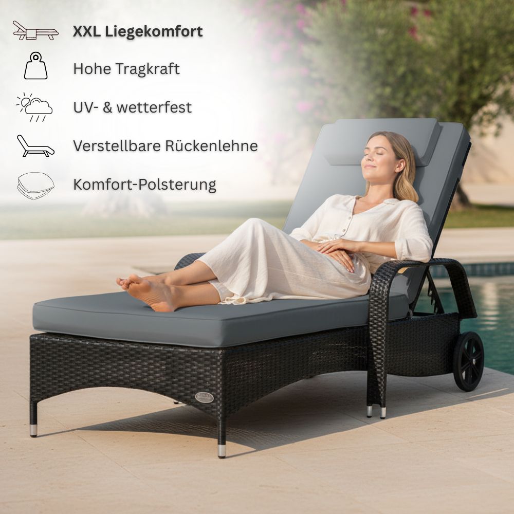 Frau entspannt auf schwarzer Polyrattan Sonnenliege mit grauer Auflage im Garten, komfortable Liege mit verstellbarer Rückenlehne