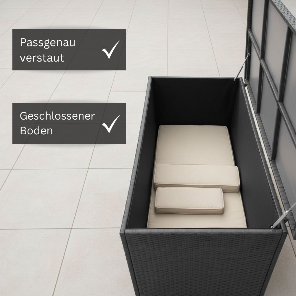 Innenansicht einer grauen Garten-Aufbewahrungsbox mit geschlossenem Boden und Stauraum für Gartenauflagen, Sitzkissen und Outdoor-Zubehör.