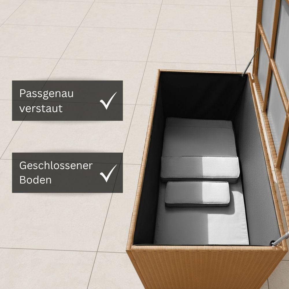 Innenansicht einer naturfarbenen Garten-Aufbewahrungsbox mit geschlossenem Boden und Stauraum für Gartenauflagen, Sitzkissen und Outdoor-Zubehör.