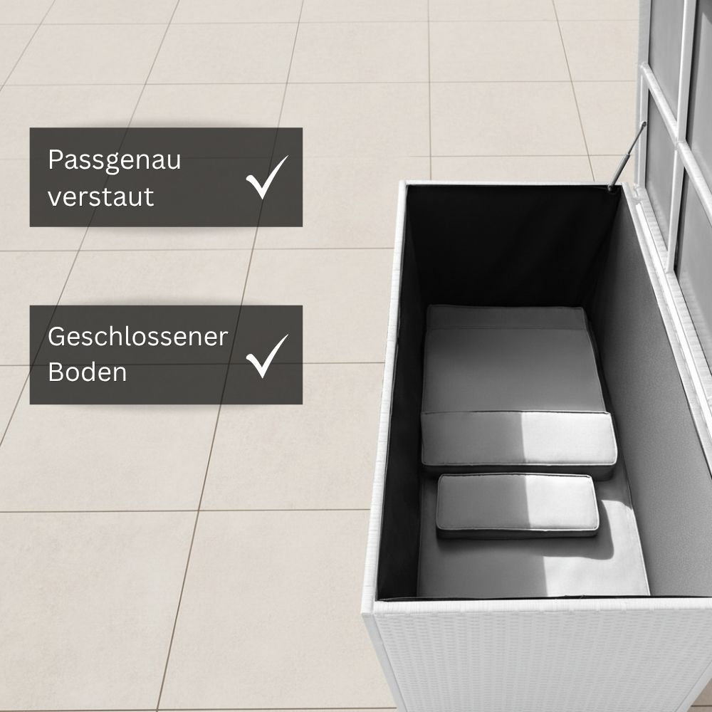 Innenansicht einer weißen Garten-Aufbewahrungsbox mit geschlossenem Boden und Stauraum für Gartenauflagen, Sitzkissen und Outdoor-Zubehör.
