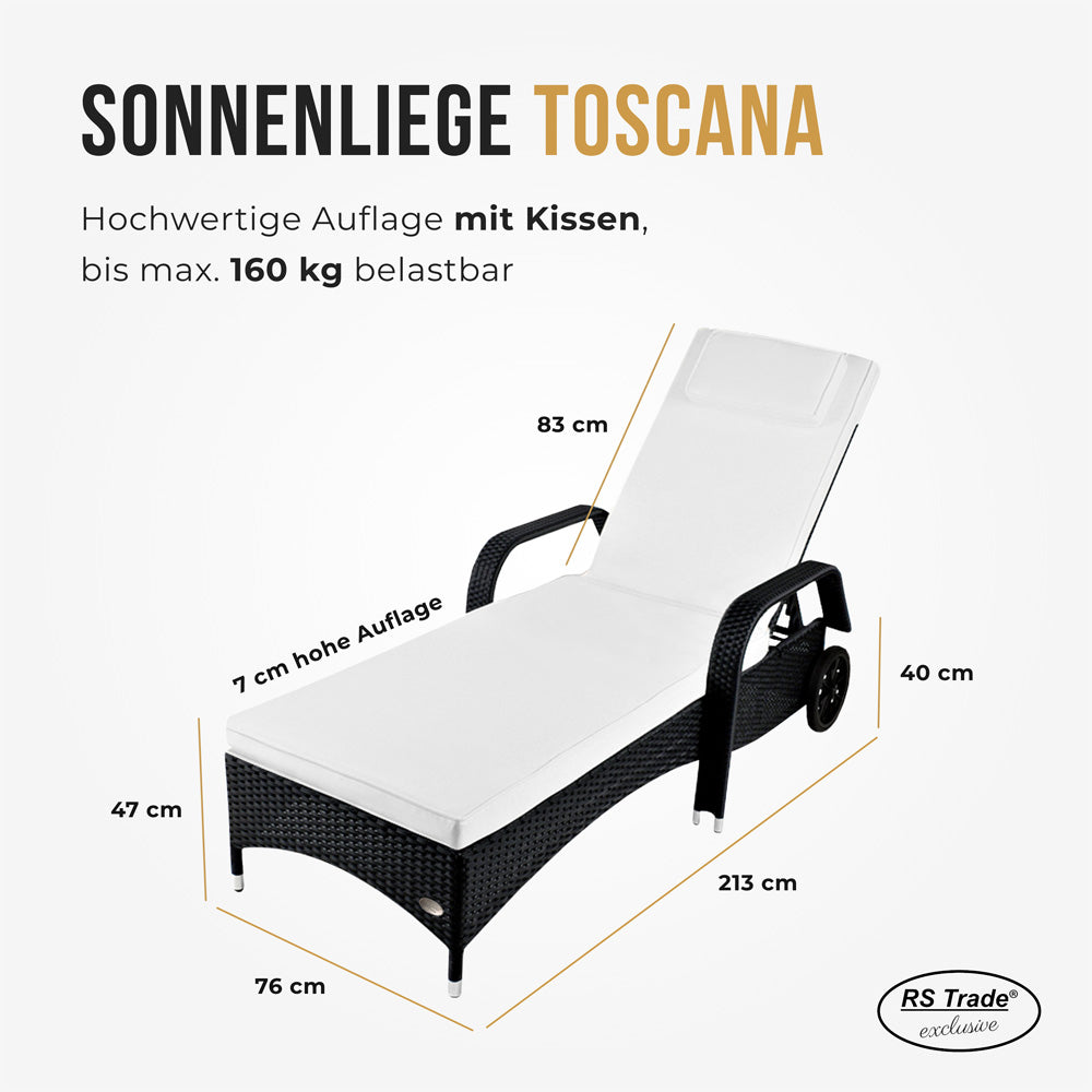 Schwarze Sonnenliege aus Rattan mit Polsterauflage und Armlehnen. Maße: 213 cm lang, 76 cm breit, 47 cm hoch, Rückenlehne 83 cm, Auflage 7 cm stark. Belastbar bis 160 kg