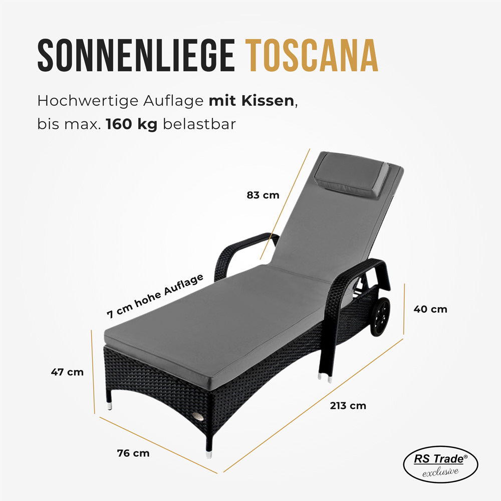 Schwarze Sonnenliege aus Rattan mit Polsterauflage und Armlehnen. Maße: 213 cm lang, 76 cm breit, 47 cm hoch, Rückenlehne 83 cm, Auflage 7 cm stark. Belastbar bis 160 kg