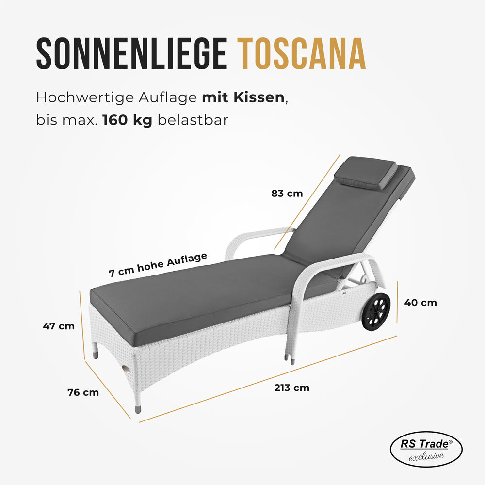 Weiße Sonnenliege aus Rattan mit Polsterauflage und Armlehnen. Maße: 213 cm lang, 76 cm breit, 47 cm hoch, Rückenlehne 83 cm, Auflage 7 cm stark. Belastbar bis 160 kg.