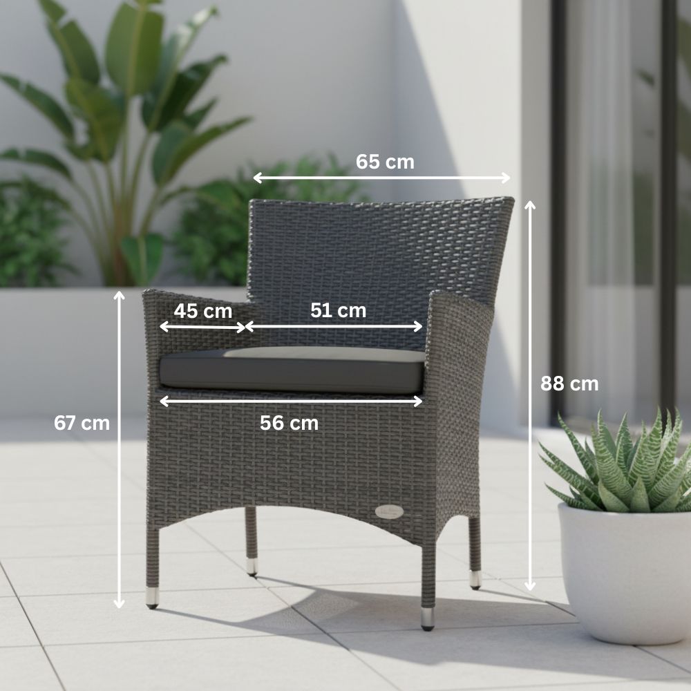 Maßgrafik des grauen Gartenstuhls „Trento“ aus Polyrattan mit 88 cm Höhe, 65 cm Breite und großzügiger Sitzfläche. Komfortabler Outdoor-Stuhl für Terrasse und Garten.