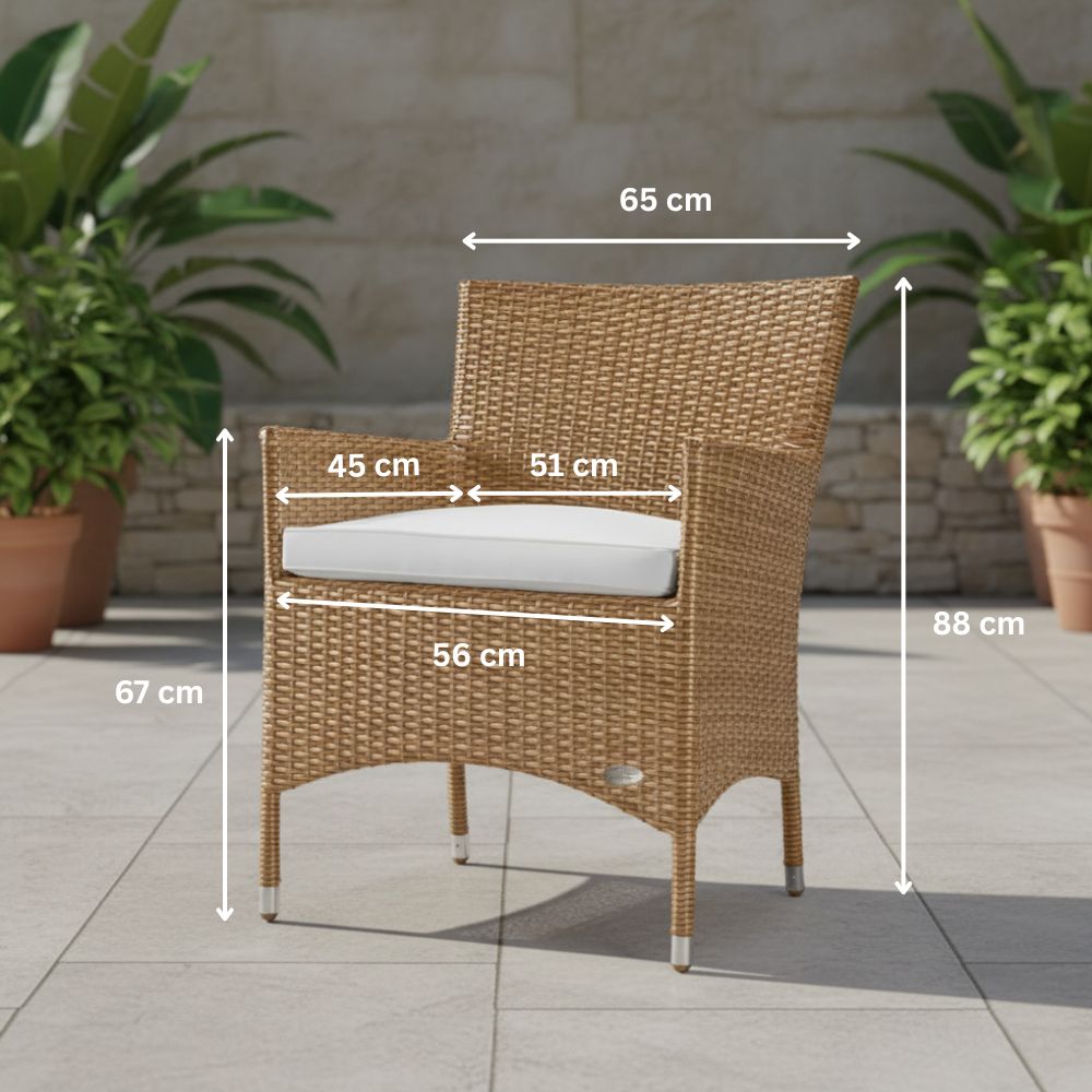 Maßgrafik des naturfarbenen Gartenstuhls „Trento“ aus Polyrattan mit 88 cm Höhe, 65 cm Breite und großzügiger Sitzfläche. Komfortabler Outdoor-Stuhl für Terrasse und Garten.