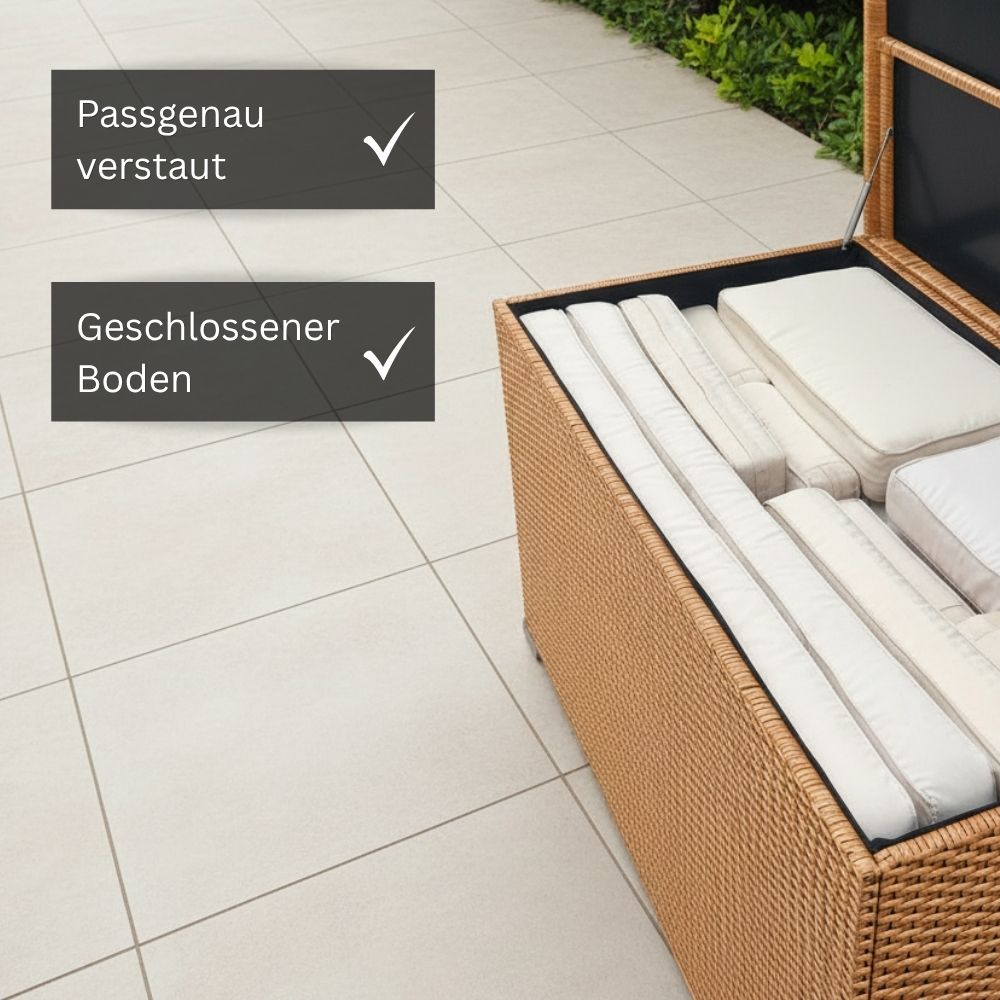 Naturfarbene Polyrattan-Gartenbox mit geschlossenem Boden und passgenau verstauten Gartenauflagen für eine geschützte und saubere Aufbewahrung im Außenbereich.