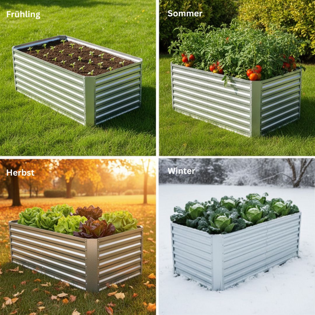 Hochbeet Florenz XL im Jahresverlauf mit Gemüseanbau im Frühling, Sommer, Herbst und Winter für ganzjährige Gartennutzung.