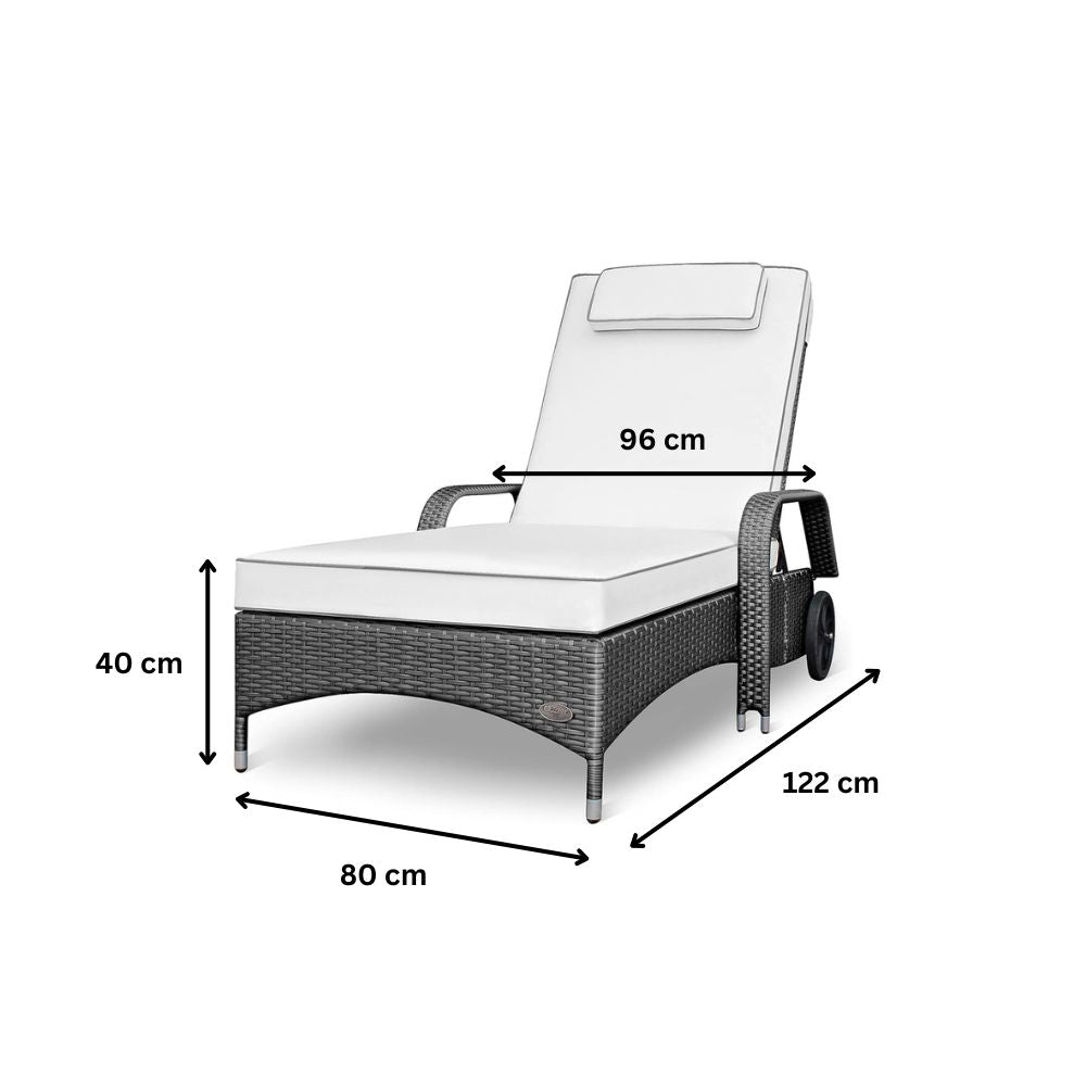 Maße der grauen Polyrattan Sonnenliege mit Auflage, 122 x 80 x 40 cm, Breite 96 cm, Gartenliege mit Rollen