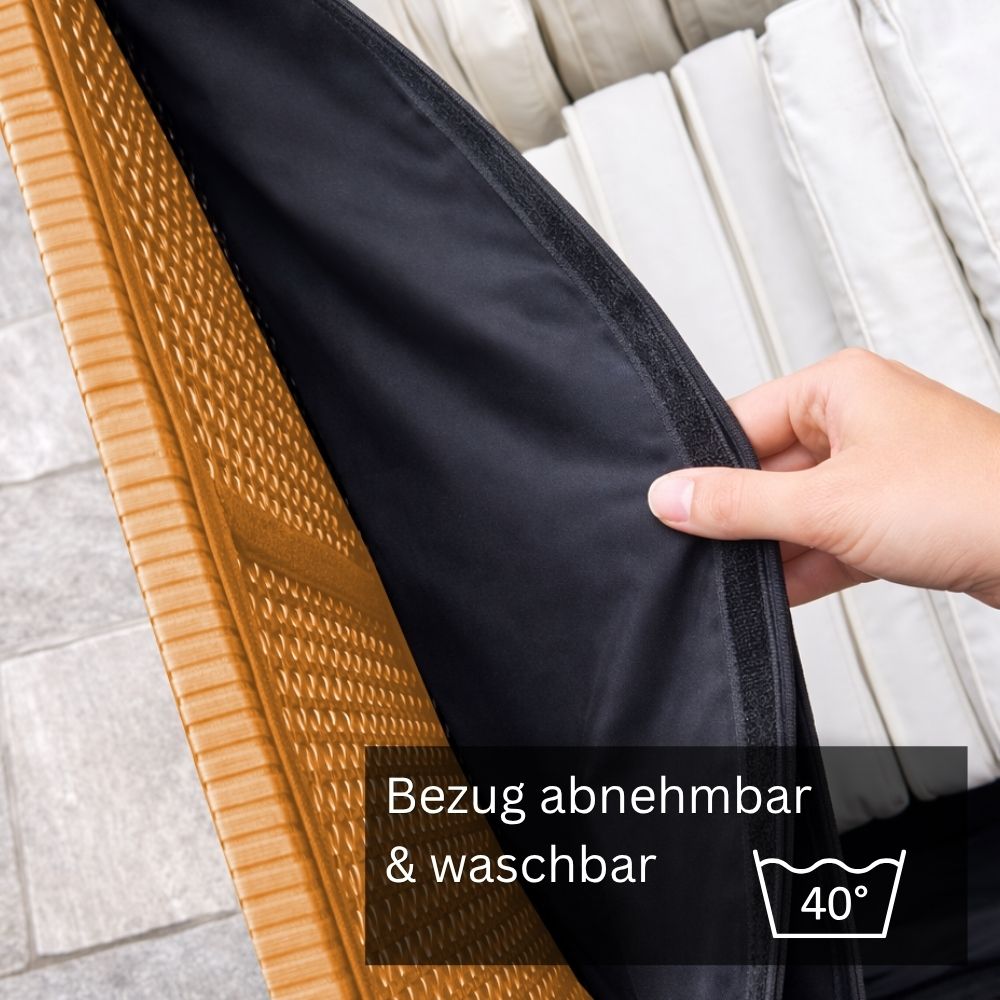 Abnehmbarer und waschbarer Innenbezug der naturfarbenen Polyrattan-Auflagenbox mit Reißverschluss zum Schutz von Gartenauflagen und Sitzkissen.