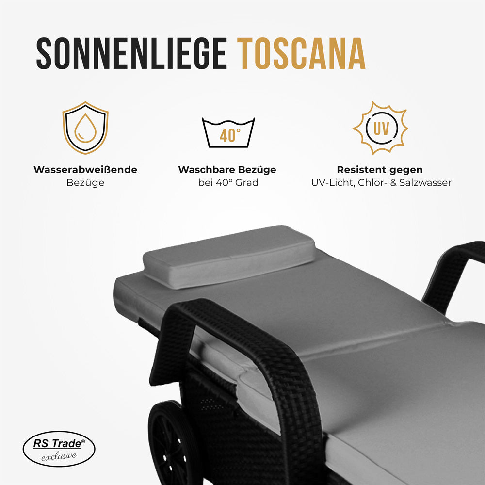 Schwarze Sonnenliege mit UV-Schutz und waschbarem und wasserabweißendem Bezug.