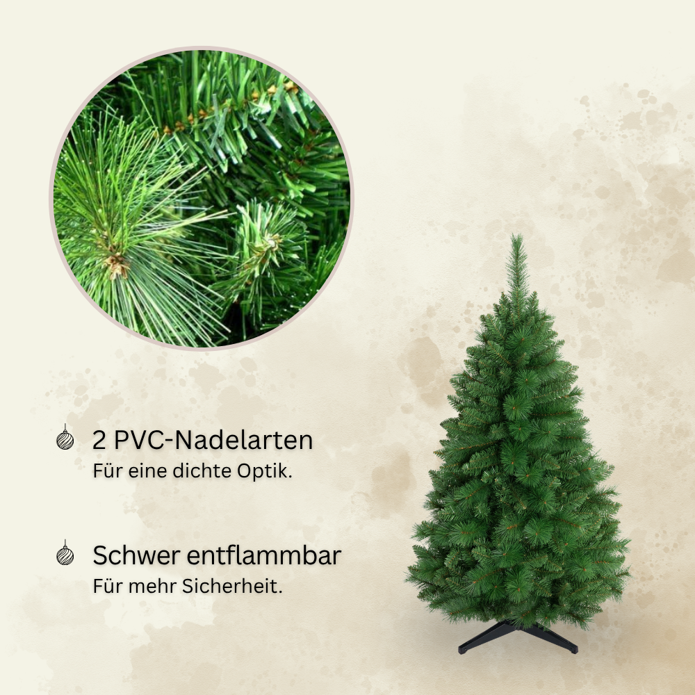 Künstlicher Weihnachtsbaum HXT 1101 mit zwei PVC-Nadelarten für eine dichte Optik, schwer entflammbar, mit Detailansicht der Nadeln.