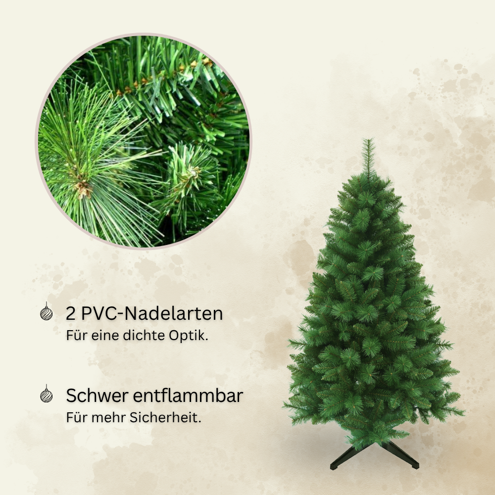 Künstlicher Weihnachtsbaum HXT 1101 mit zwei PVC-Nadelarten für eine dichte Optik, schwer entflammbar, mit Detailansicht der Nadeln.