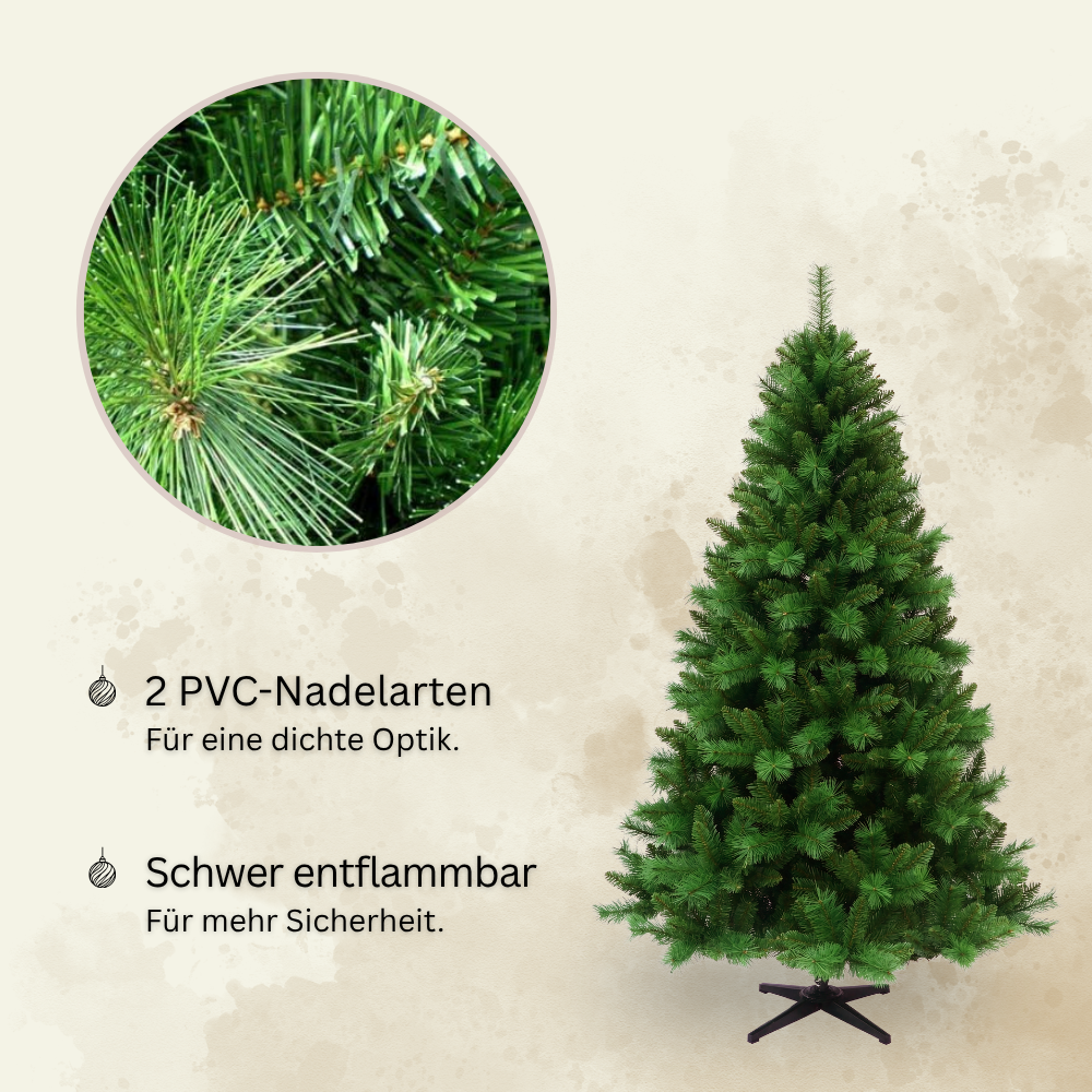 Künstlicher Weihnachtsbaum HXT 1101 mit zwei PVC-Nadelarten für eine dichte Optik, schwer entflammbar, mit Detailansicht der Nadeln.