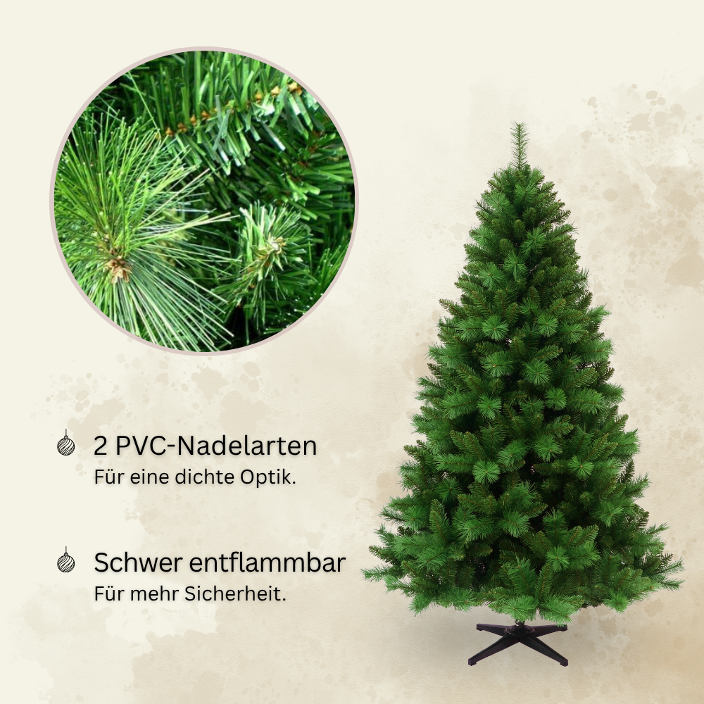 Künstlicher Weihnachtsbaum HXT 1101 mit zwei PVC-Nadelarten für eine dichte Optik, schwer entflammbar, mit Detailansicht der Nadeln.