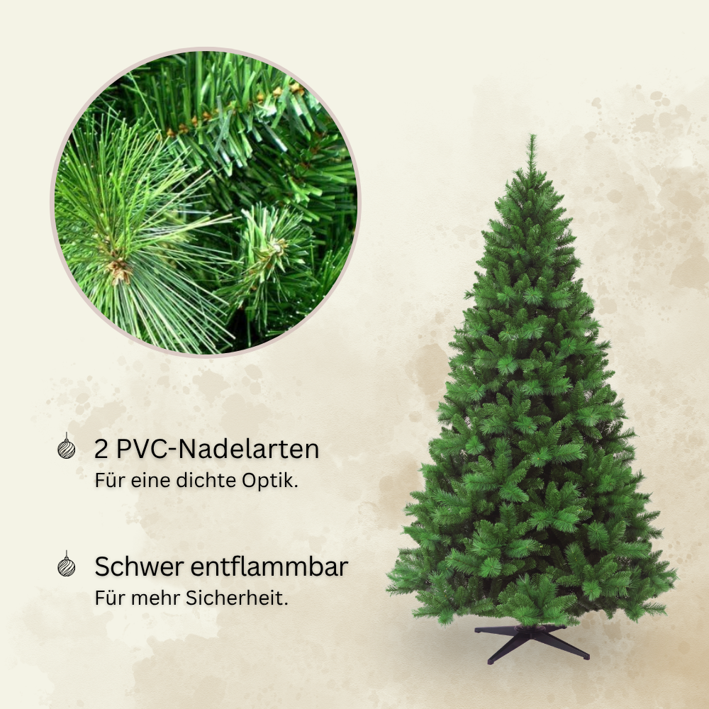 Künstlicher Weihnachtsbaum HXT 1101 mit zwei PVC-Nadelarten für eine dichte Optik, schwer entflammbar, mit Detailansicht der Nadeln.
