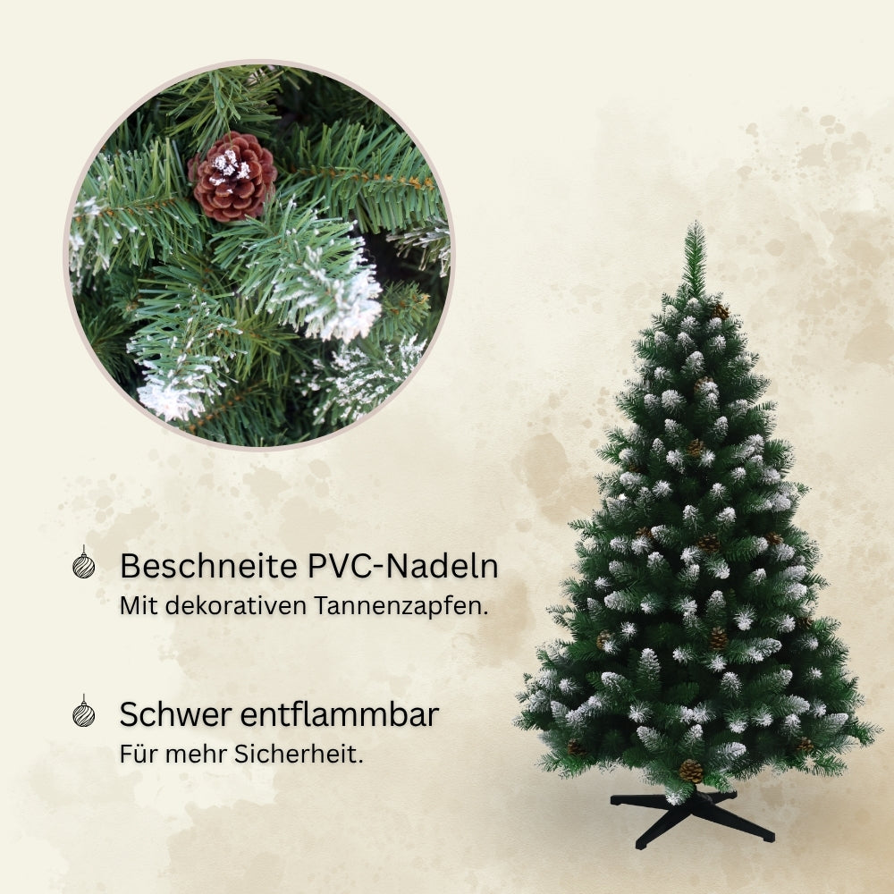 Künstlicher Weihnachtsbaum HXT 15013 mit beschneiten PVC-Nadeln, dekorativen Tannenzapfen und schwer entflammbarem Material.
