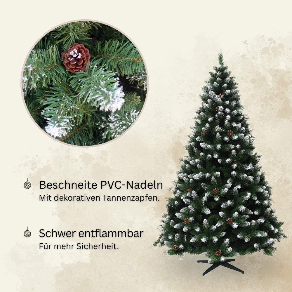 Künstlicher Weihnachtsbaum HXT 15013 mit beschneiten PVC-Nadeln, dekorativen Tannenzapfen und schwer entflammbarem Material.