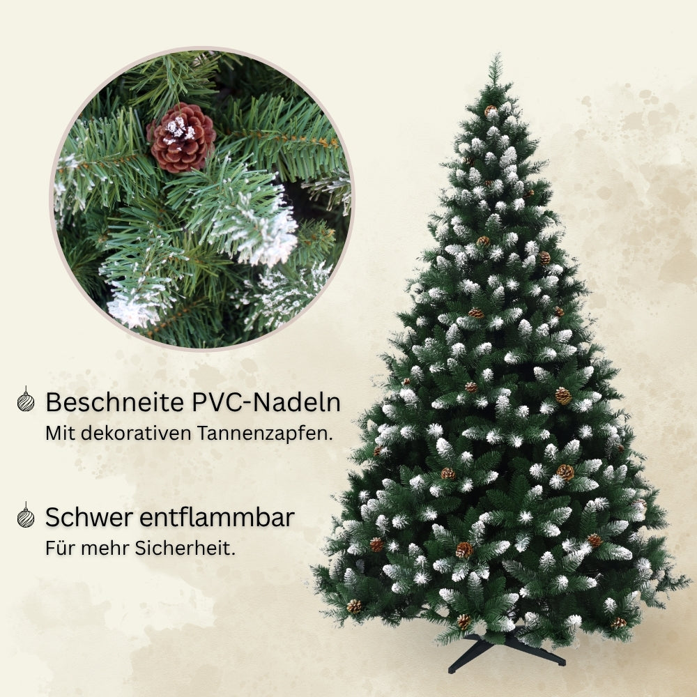 Künstlicher Weihnachtsbaum HXT 15013 mit beschneiten PVC-Nadeln, dekorativen Tannenzapfen und schwer entflammbarem Material.
