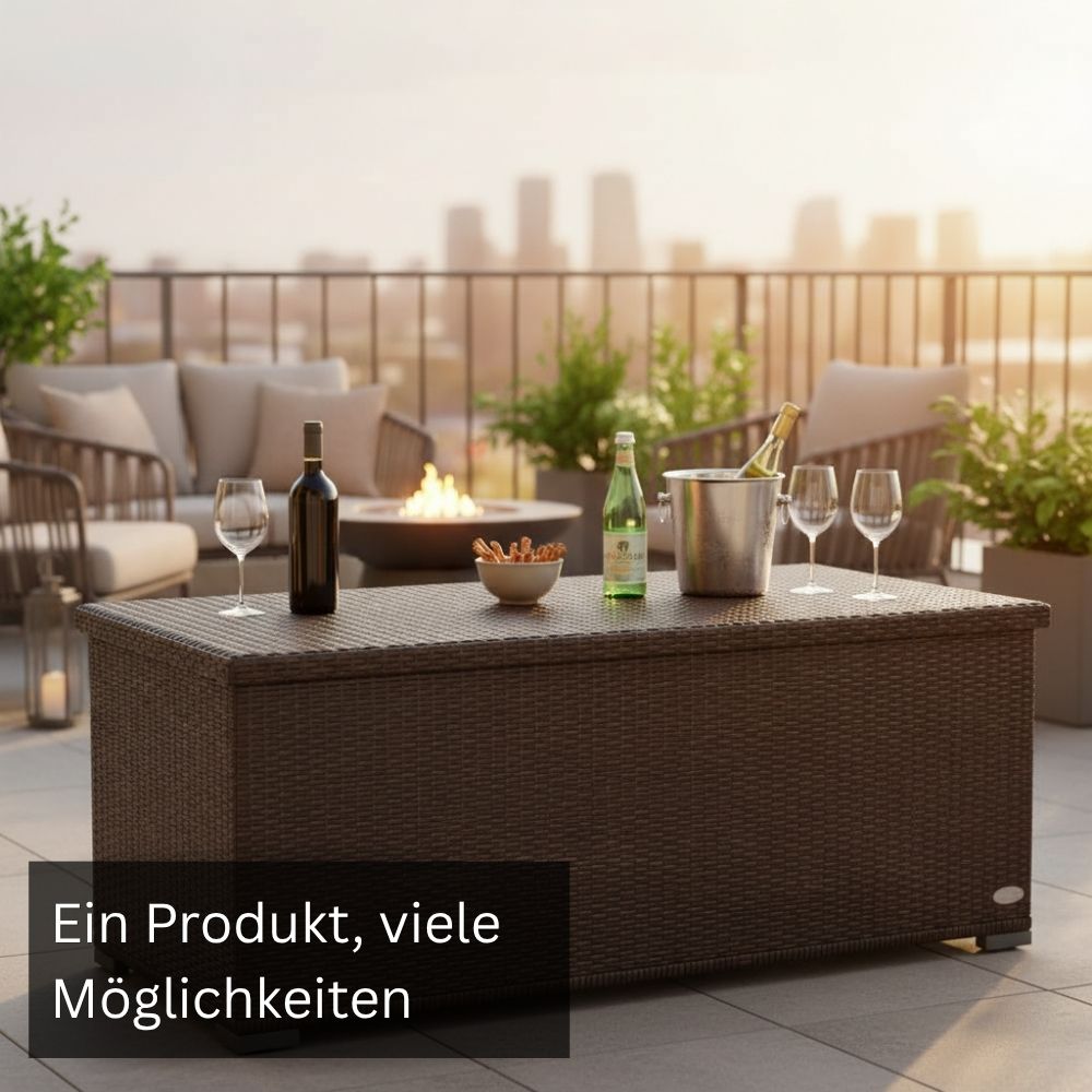 Braune Garten-Auflagenbox aus Polyrattan als Aufbewahrungsbox und Beistelltisch auf der Terrasse mit geschlossener Deckeloberfläche.