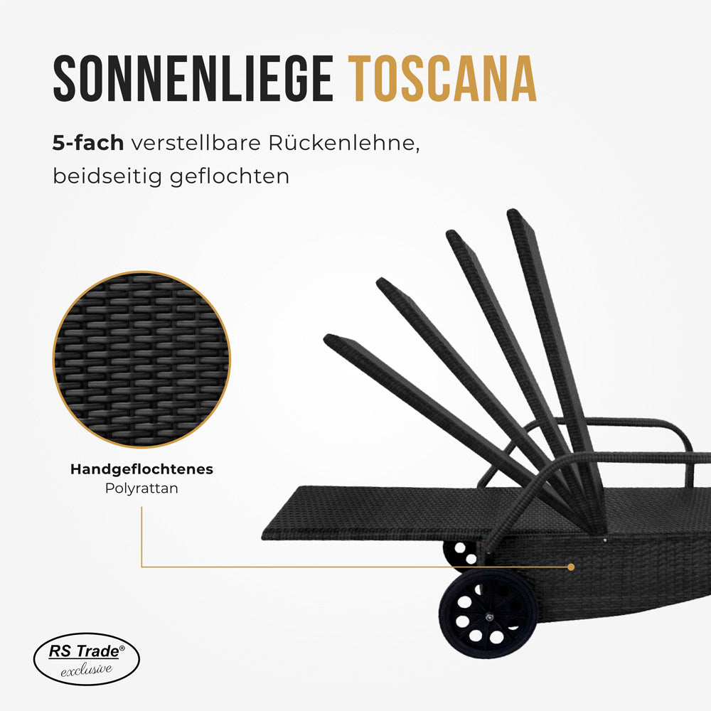Sonnenliege mit 5-fach verstellbarer Rückenlehne, Rollen und gebogener Form. Schwarz 