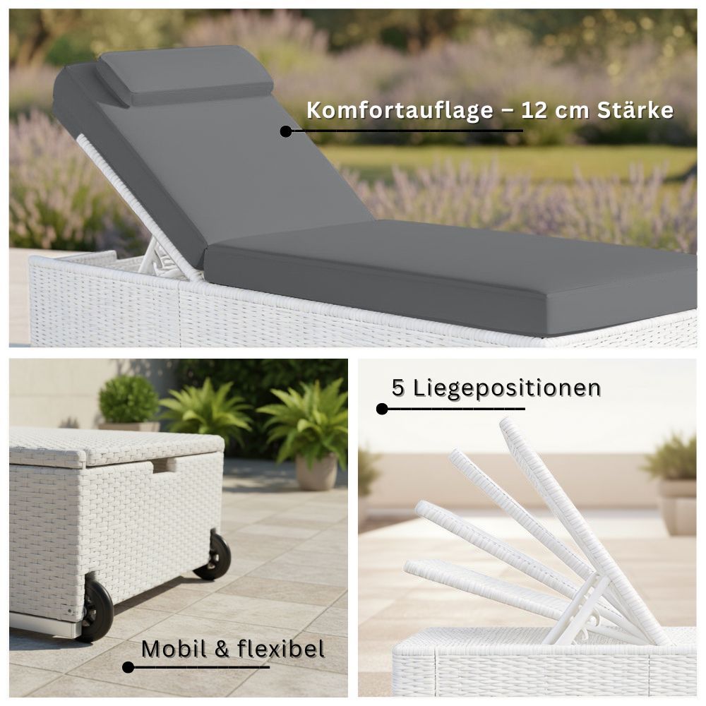 Weiße Polyrattan-Gartenliege mit 12 cm Auflage, verstellbarer Rückenlehne und Rollen.