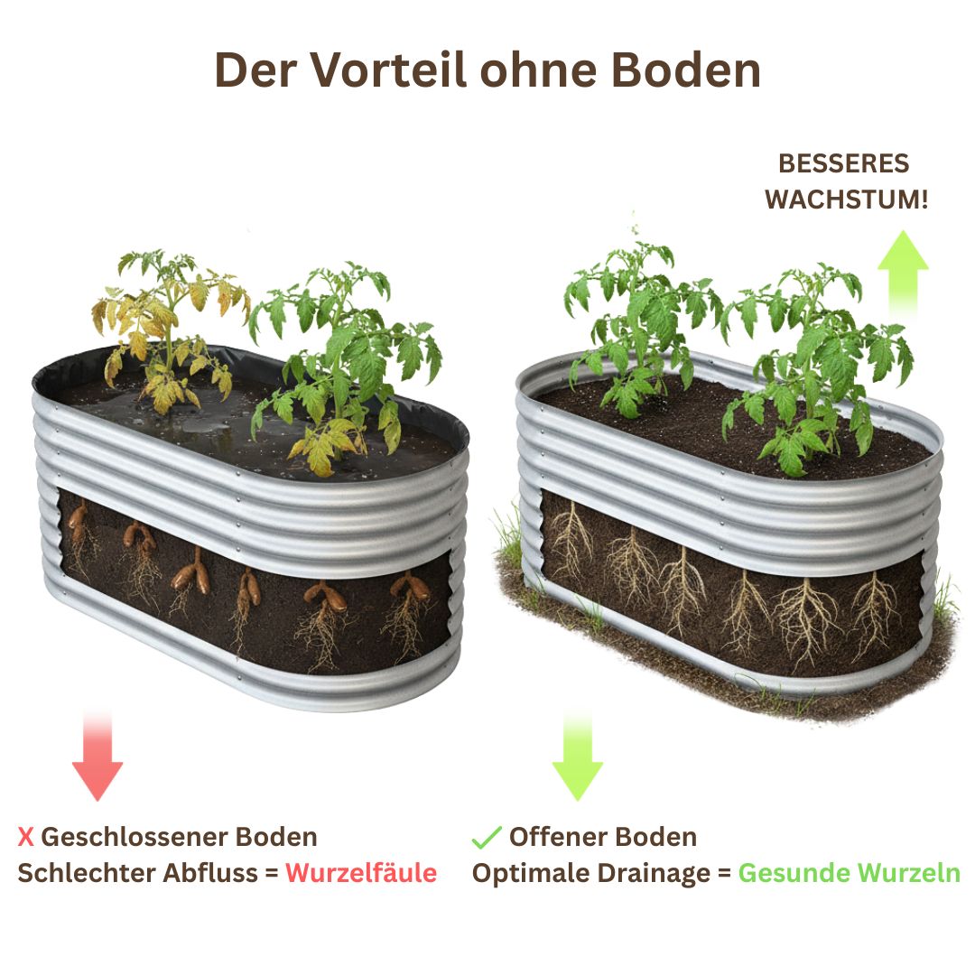 Vergleich von geschlossenem und offenem Hochbeetboden: Das Hochbeet Rimini L ermöglicht optimale Drainage und gesunde Wurzelentwicklung.