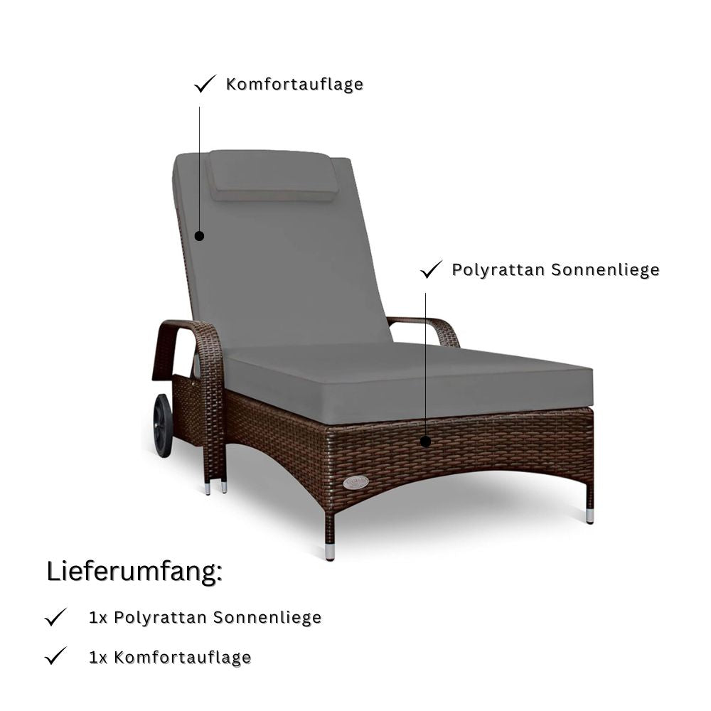 Braune Polyrattan Sonnenliege mit Komfortauflage und Rollen, inklusive Gartenliege und Polster im Lieferumfang