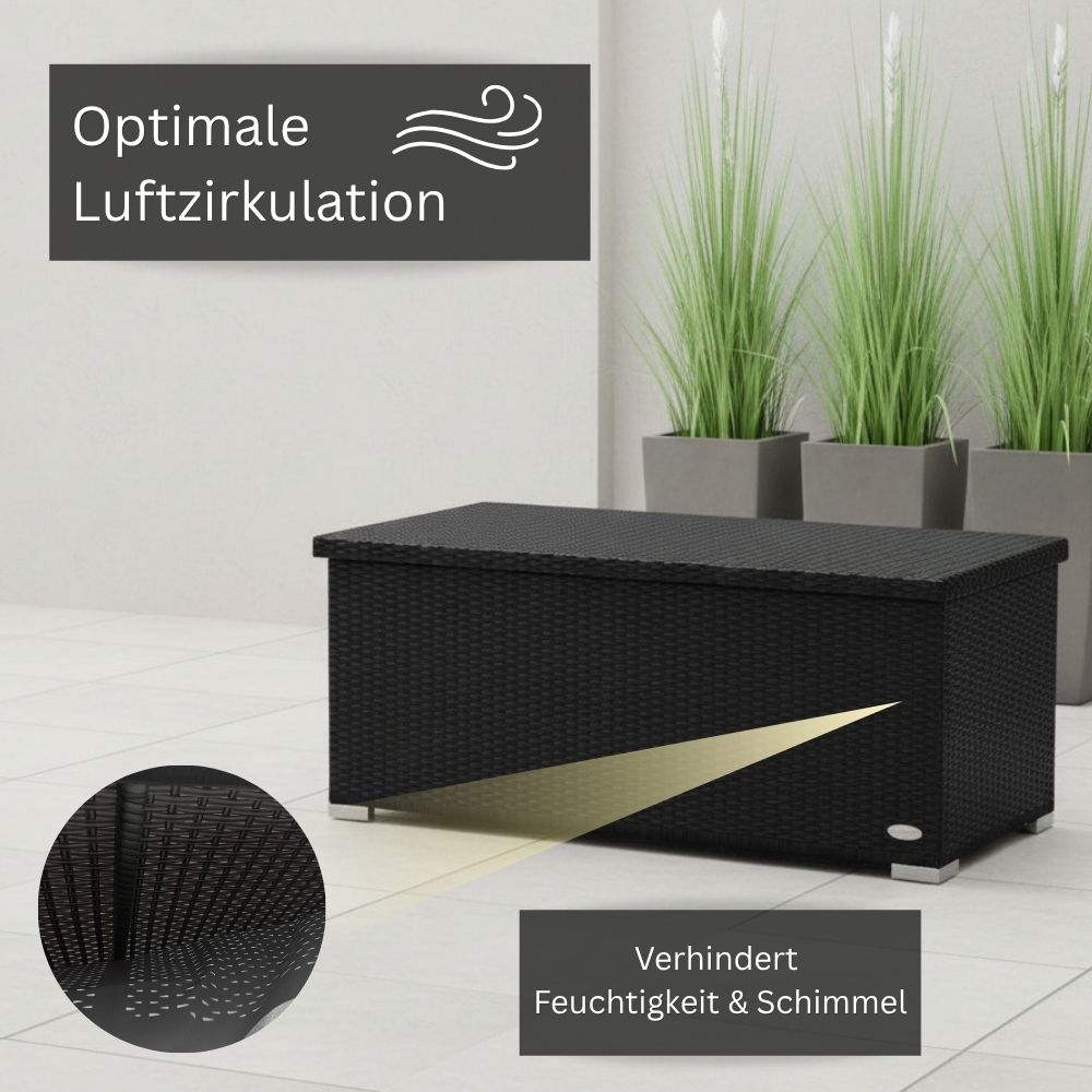 Schwarze Polyrattan-Gartenbox mit belüftetem Innenbereich zur Luftzirkulation und trockenen Aufbewahrung von Gartenauflagen und Outdoor-Kissen.